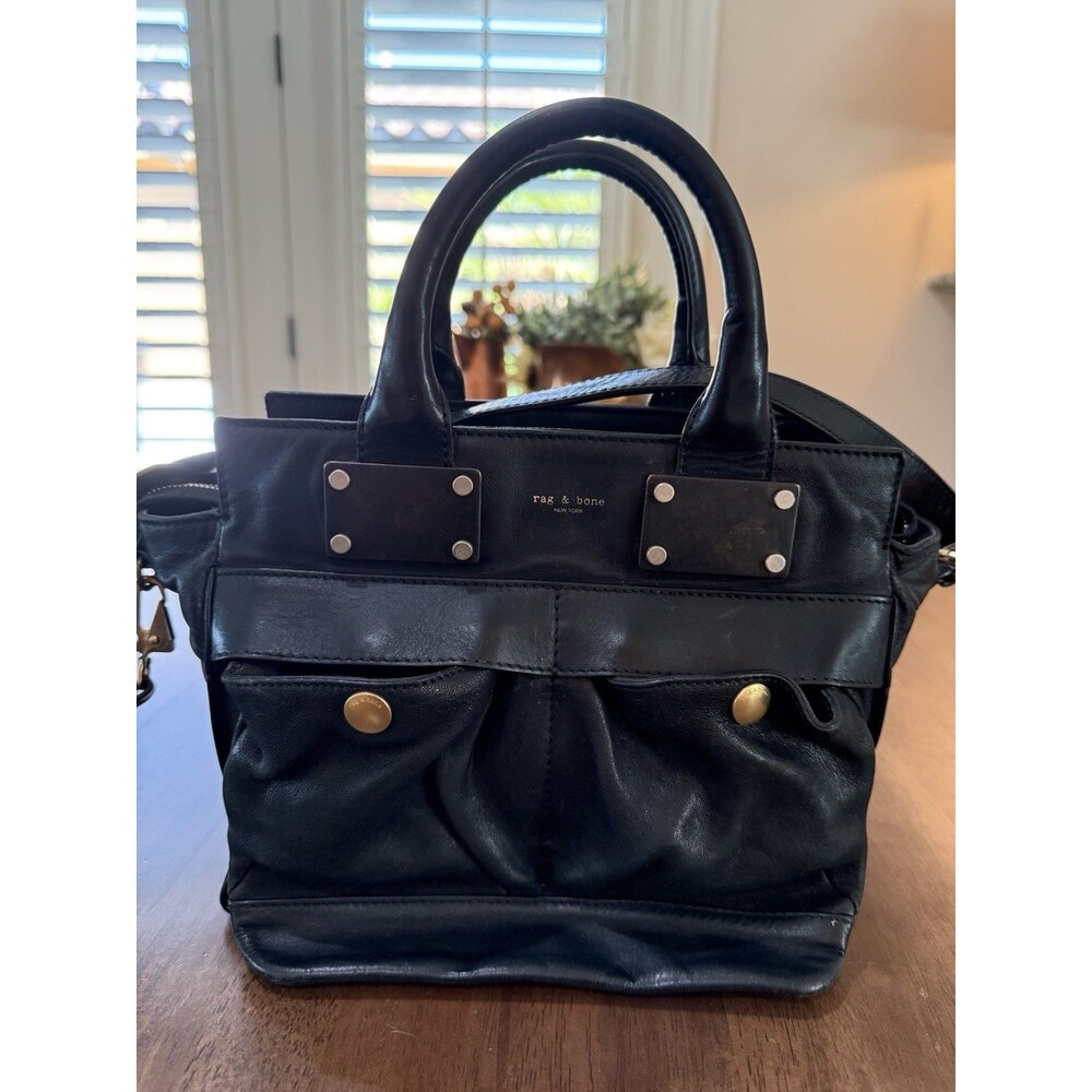 Rag & Bone Atlas Black Lamb Leather Satchel Tote Crossbody Bag Brass Hardware M